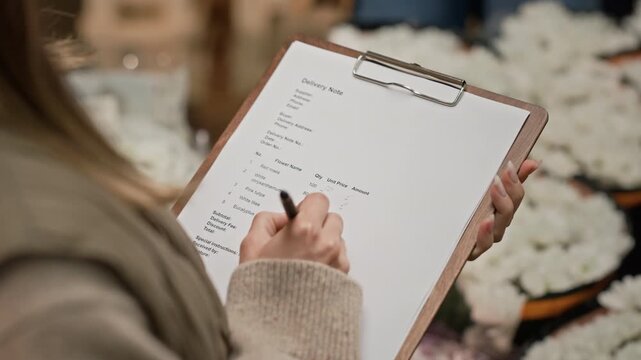 Caucasian young adult female florist checking delivery note on clipboard in wholesale flower warehouse. Footage is perfect for small business logistics and floristry supply chain marketing