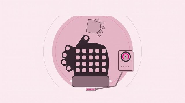 Abstract animated haptic glove pulsing drawn as coral and magenta lines and shapes on a bright, clean light background. Seamless looping 4K motion graphics video with free space for text, ideal for te