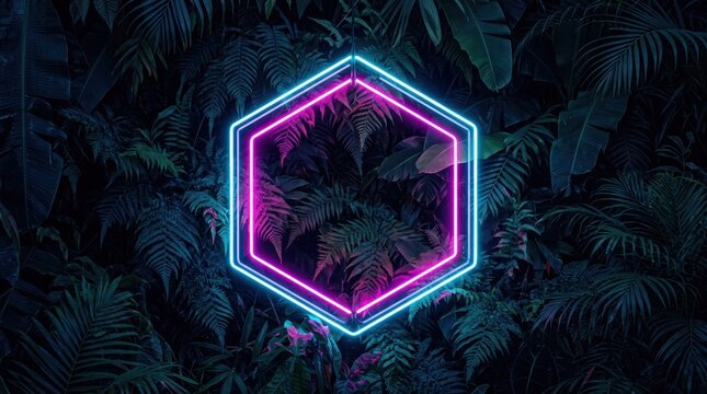 Futuristic cyberpunk neon hexagon frame glowing in vibrant pink and blue colors surrounded by dark tropical jungle leaves and ferns, creating a mysterious synthwave aesthetic