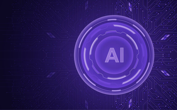 Digital wireframe hand holding AI chip hologram with atom icon. Tech AI semiconductor with circuit board elements. Artificial intelligence innovation concept. Technology vector illustration.