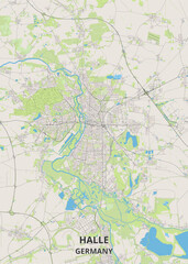 Fototapeta premium Detailed colorful road map of Halle (Saale) in Saxony-Anhalt Germany, showcasing the Saale River meanders, green parks, city street networks, and surrounding countryside on a light background.