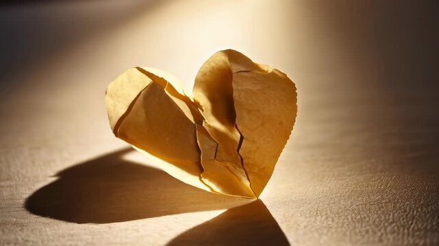 Folded Paper Heart Craft Glowing in Sunlight with Shadows on Wooden Surface
