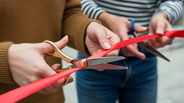 A close-up photograph of two hands performing a ceremonial ribbon cutting with sharp metal scissors to mark a grand opening event