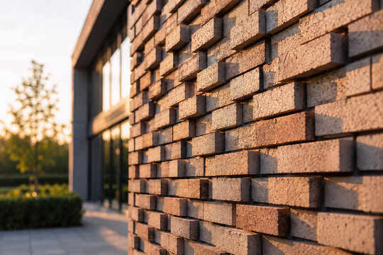 Moderne Ziegelfassade mit plastischer Reliefstruktur im Abendlicht