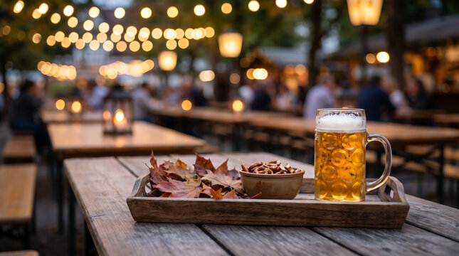 Festive oktoberfest evening outdoors, a refreshing beverage and snacks on a rustic wooden table.
