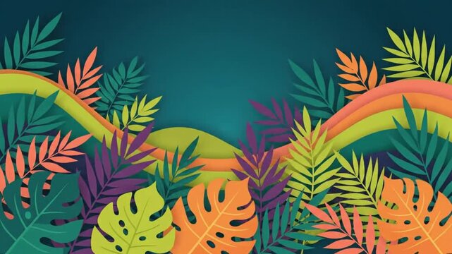 Tropical paper art animation featuring vibrant colorful leaves and flowing organic shapes creating a stylish layered motion video background design