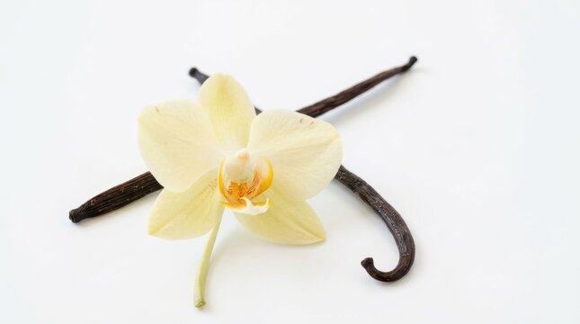 A delicate, creamy yellow orchid bloom rests gracefully alongside two long, dark, curved vanilla pods, creating a visually appealing and aromatic composition ideal for culinary and botanical