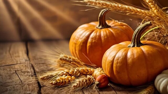 Pumpkin Autumn Harvest Arrangement with Wheat on Orange Wooden Table Rustic Seasonal Decor