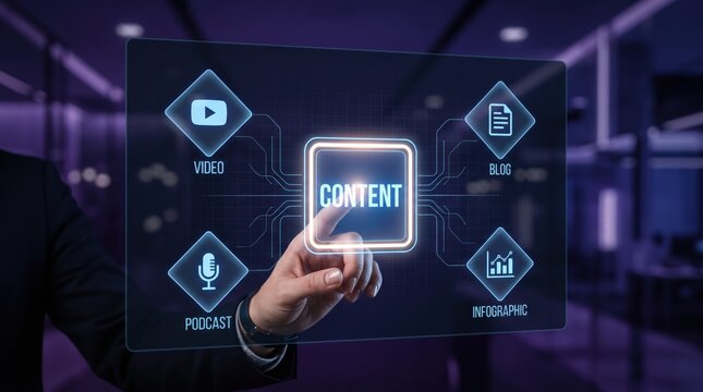 Businessman touching futuristic hologram interface displaying content marketing strategy icons like video blog podcast infographic, digital media management, hand selecting