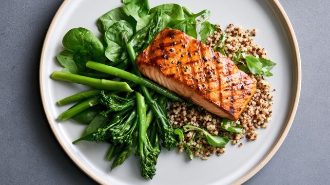 Grilled salmon with broccolini and quinoa on a ceramic plate for healthy menu design and recipe card background