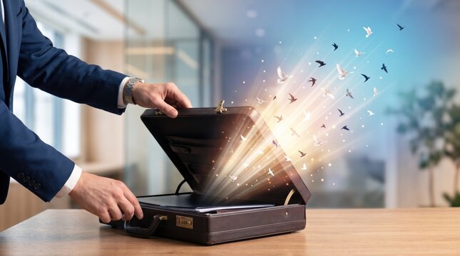 Businessman opening briefcase releasing flock of birds and light, symbolizing freedom, new ideas, creativity, liberation from corporate life, and successful career transition