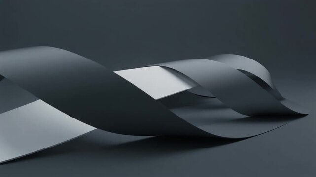 Minimalist abstract background motion loop with smooth ribbon layers in matte graphite, metallic silver, frosted white, and dark slate.