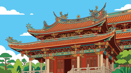 Obraz premium A vibrant flat design illustration of a traditional Asian temple roof, showcasing highly detailed, ornate eaves and decorative carvings. This 2D vector graphic beautifully captures cultural symbolism 