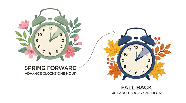 Daylight saving time concept illustration featuring spring forward and fall back alarm clocks