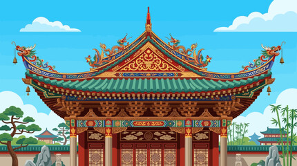 Obraz premium A vibrant flat design illustration of a traditional Asian temple roof, showcasing highly detailed, ornate eaves and decorative carvings. This 2D vector graphic beautifully captures cultural symbolism 