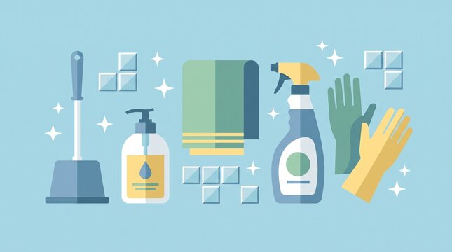 Bathroom Hygiene Cleaning Set, Flat Design Illustration with Soap, Spray, Brush and Fresh Sanitary Elements