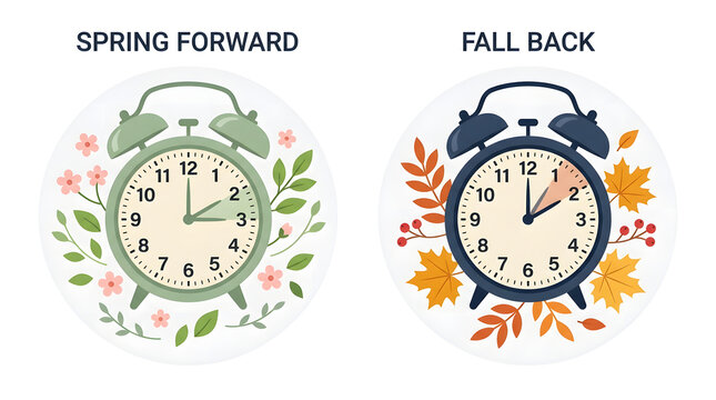 Daylight saving time reminder design showcasing spring forward and fall back clocks with alarm clock