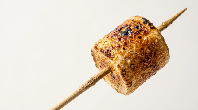 A single, perfectly toasted marshmallow, slightly charred and golden brown, is impaled on a thin wooden skewer, creating a delightful campfire treat ready for enjoyment