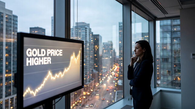 Businesswoman observes rising gold market trend on monitor, contemplating economic shifts from her high-rise city office.