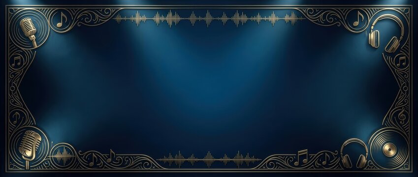 Elegant golden musical instruments frame on dark blue textured background