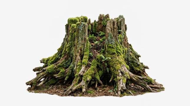 A weathered, moss-covered tree remnant with exposed roots and textured bark stands as a testament to nature's enduring cycle of decay and new growth, evoking a sense of rustic woodland ambiance