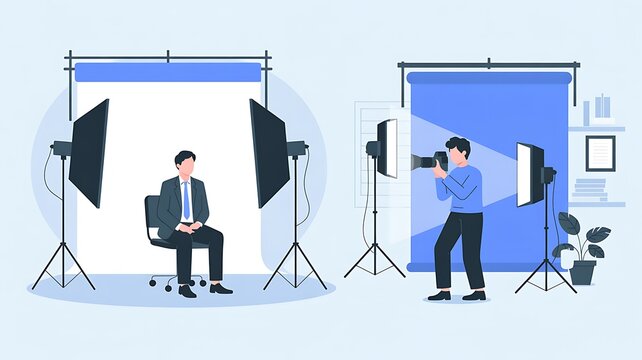 A dramatic digital illustration of a professional portrait photography session featuring a photographer and a business model