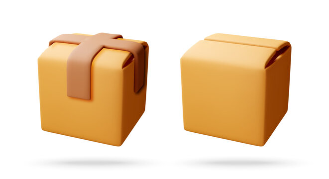 3d Cardboard box appears closed and ready for shipment, rendered in warm brown with crisp edges and faint ground shadow. Minimal white background keeps focus on packaging and delivery themes.