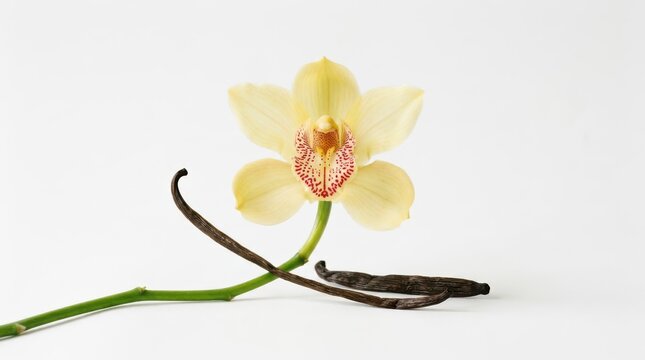 A delicate vanilla orchid blossom and fragrant cured bean pods are artfully arranged, showcasing the natural beauty and aromatic essence of this exquisite botanical ingredient used in perfumery