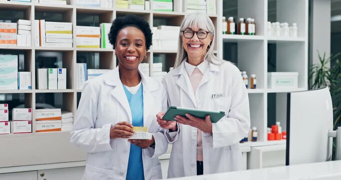 Medical, face and team in pharmacy with tablet, inventory check and research on drug info. Healthcare, happy women and chemist with tech, stock control or prescription review in medication dispensary
