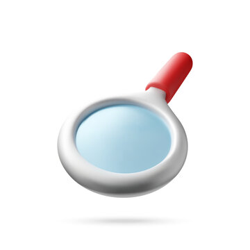 Magnifying glass 3D render shows blue tinted lens in rounded white frame with red handle. Isolated on white, it suggests close inspection, lookup, and careful analysis with simple modern style.