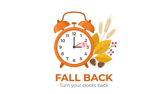 Daylight saving time fall back vector design featuring alarm clock and autumn foliage
