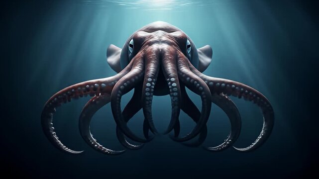 Cartoon-style, curious-eyed squid swimming upwards in dark ocean with sunbeams