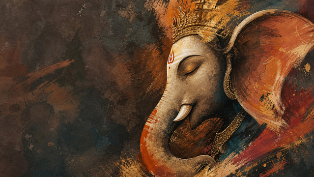 Side Profile of Lord Ganesha with Ornate Crown and Curved Trunk in Earthy Tones