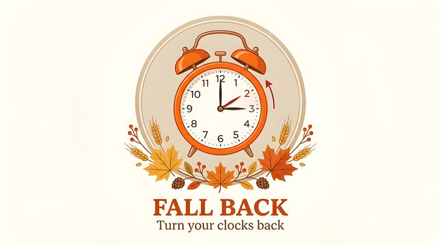 Daylight saving time fall back concept with red alarm clock and autumn leaves decoration