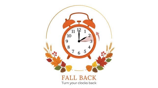 Fall back daylight saving time graphic element with orange clock and autumn leaves alarm clock turn