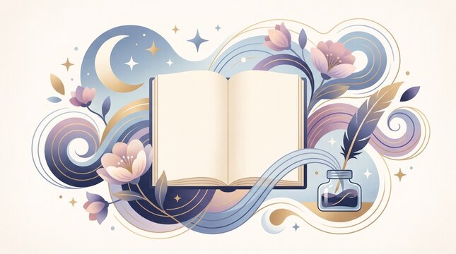 Poetry writing concept with journal, feather pen, flowers, moon and stars, dreamy literary composition in elegant flat vector illustration.