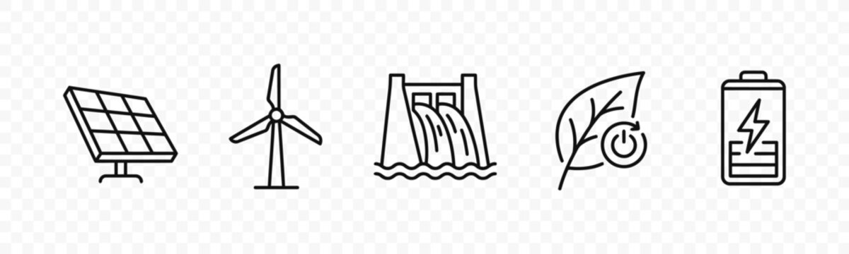 flat vector illustration line art icon bundle set design representing green energy wind turbines solar panels and sustainable factory symbols for eco technology apps