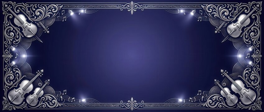 Professional jazz music performance border with silver instruments and blue lights