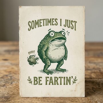 A humorously rendered green amphibian exhibiting an embarrassing bodily function, emitting a puff of gas, with a distressed facial expression, conveying a lighthearted moment of relatable