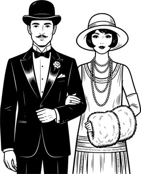Vintage 1920s couple line art vector illustration featuring retro man in tuxedo bowler hat and elegant flapper woman in cloche hat pearl necklace, Roaring Twenties retro couple isolated on white backg