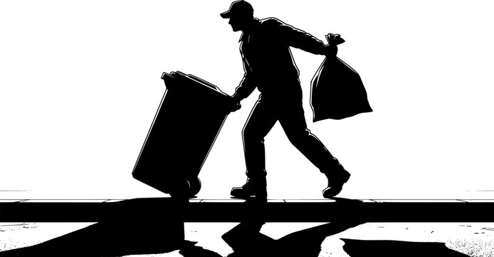 Garbage collector worker silhouette vector illustration featuring man pulling wheelie trash bin and carrying trash bag walking on street, waste management sanitation worker isolated on white backgroun
