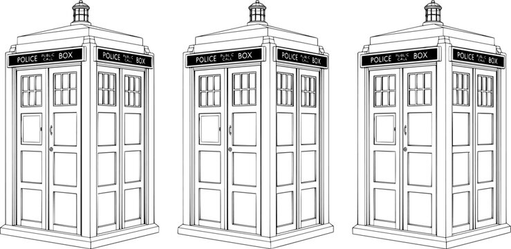 Vintage police call box vector line art set featuring British telephone booth, retro Tardis style time machine kiosk, public call box outline illustration set isolated on white background.