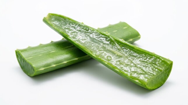Two fresh succulent aloe vera plant sections reveal their translucent, gel-filled inner flesh, showcasing natural health benefits and soothing properties for skincare and wellness applications