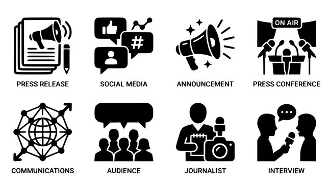 Press Release and Media Icon Set with Social Announcement Press Conference and Journalist Symbols Vector Illustration