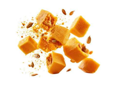 Pumpkin cube orange squash seed crumb, isolated food composition, vibrant autumn ingredient with scattered texture