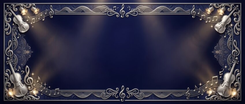 Elegant musical frame background featuring silver violins notes and concert spotlights for entertainment event
