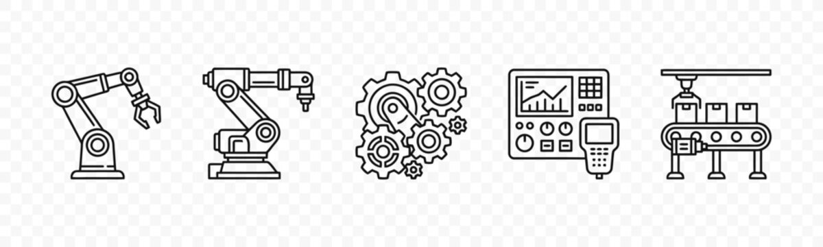 flat vector illustration line art icon bundle set design representing industrial robotics factory assembly lines and automated machinery for manufacturing website icons