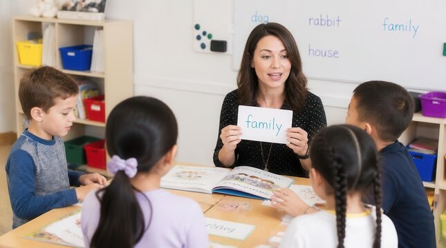 A compassionate female educator actively engages a diverse group of young pupils in a brightly lit classroom setting, holding up a flashcard with the word 'family' to foster early literacy