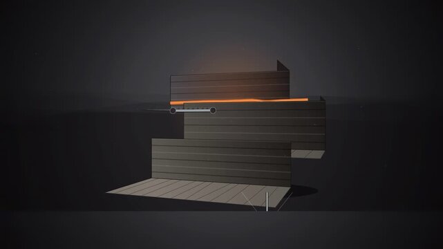 Abstract animated tectonic slipping drawn as amber and orange lines and shapes on a deep dark background. Seamless looping 4K motion graphics video with free space for text, ideal for industry explain