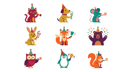 Obraz premium Flat design icon set of animals celebrating with party hats and noisemakers, isolated on white